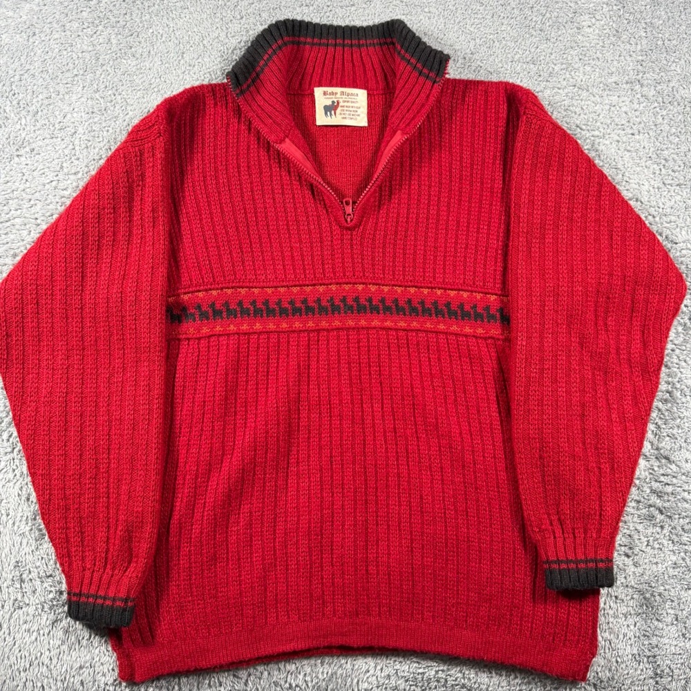 Vintage Baby Alpaca 1/4 Zip Sweater Mens M Red Llama Handmade Knit Peru Wool
